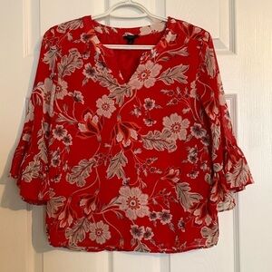 Ann Taylor sheer blouse 3/4 frilled sleeves red floral women’s size extra small
